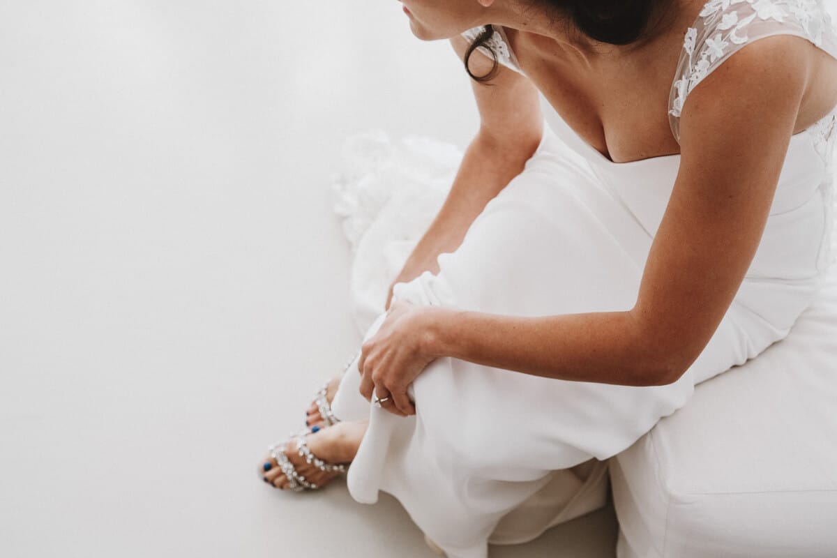 Bridal shoes during preparations at Mykonos wedding