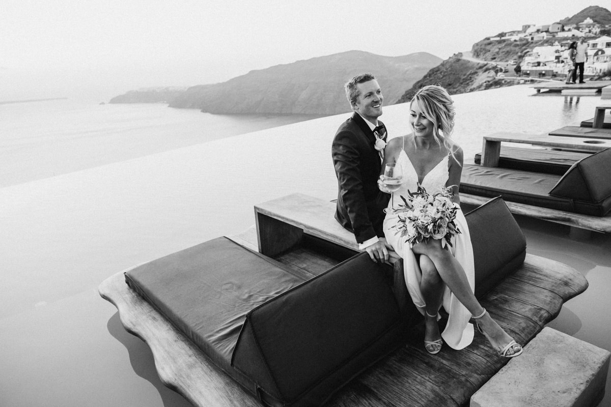 Santorini wedding black and white couple portrait